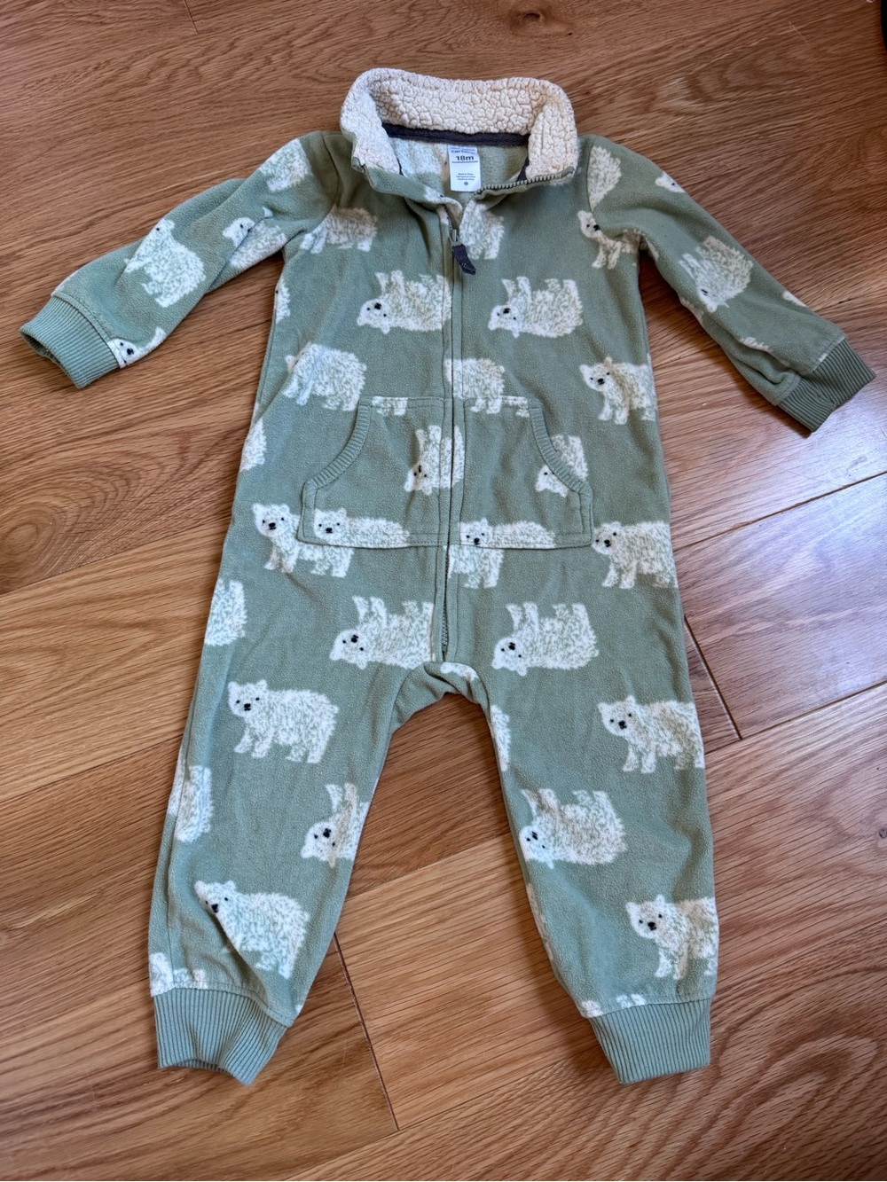 Carter's Sage Green Bear Fleece One-Piece Romper